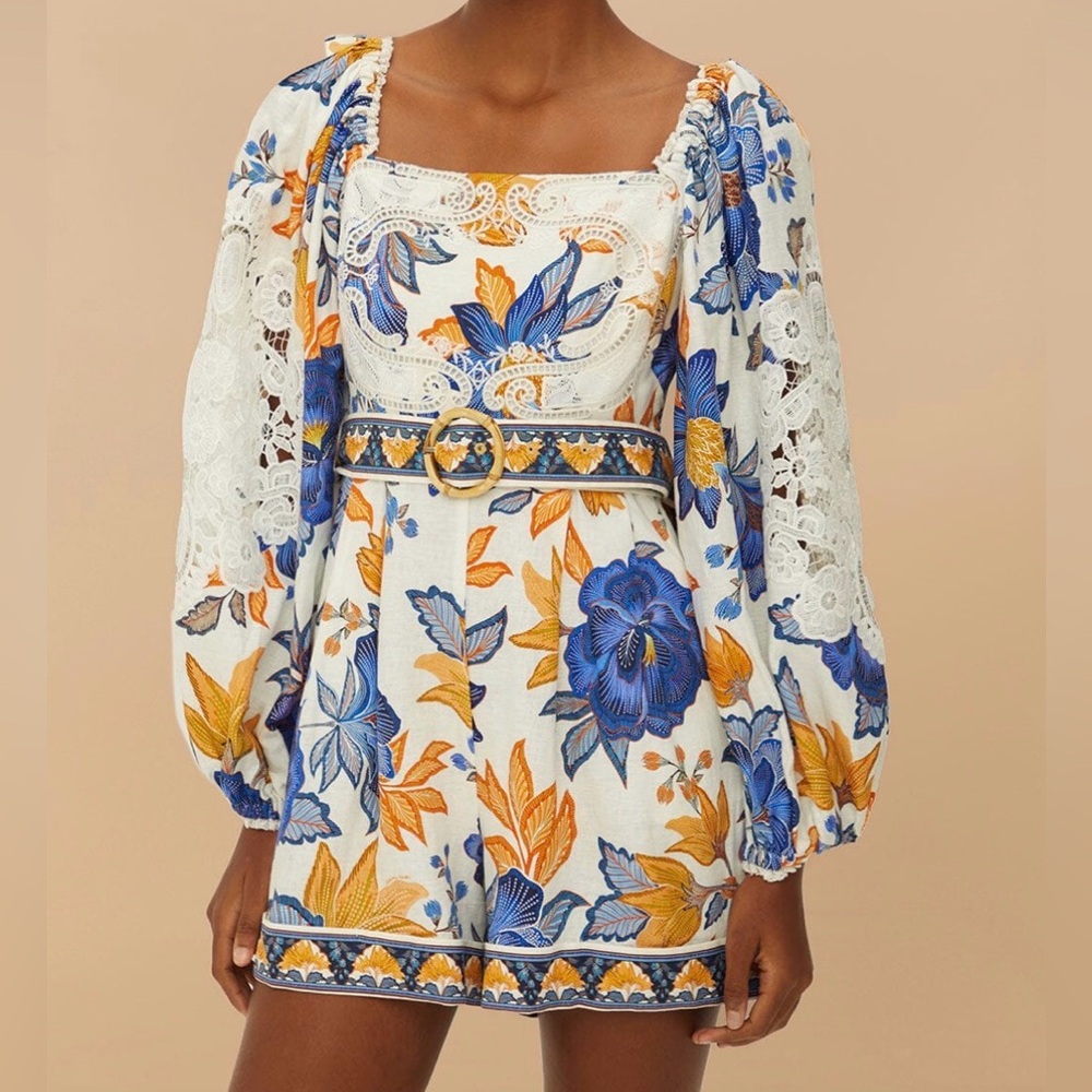 FARM Rio Floral Blouse in Blue and Orange